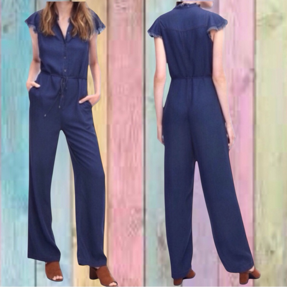 Splendid Blue Frayed Wide Leg Chambray Denim Jumpsuit NWOT - Picture 1 of 12